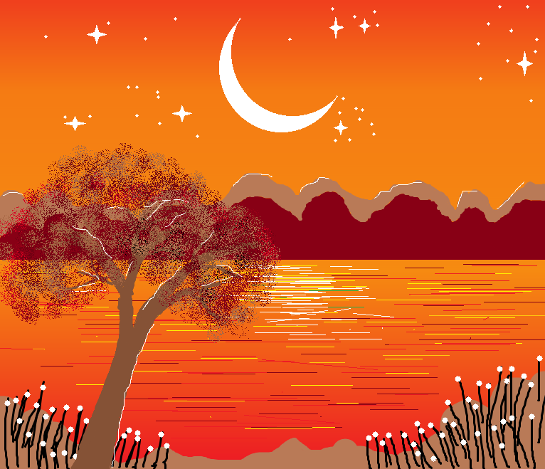 How to drawing beautiful sunrise scene in ms paint |sunrise scenery in computer |tree drawing in sunrise scene in ms paint