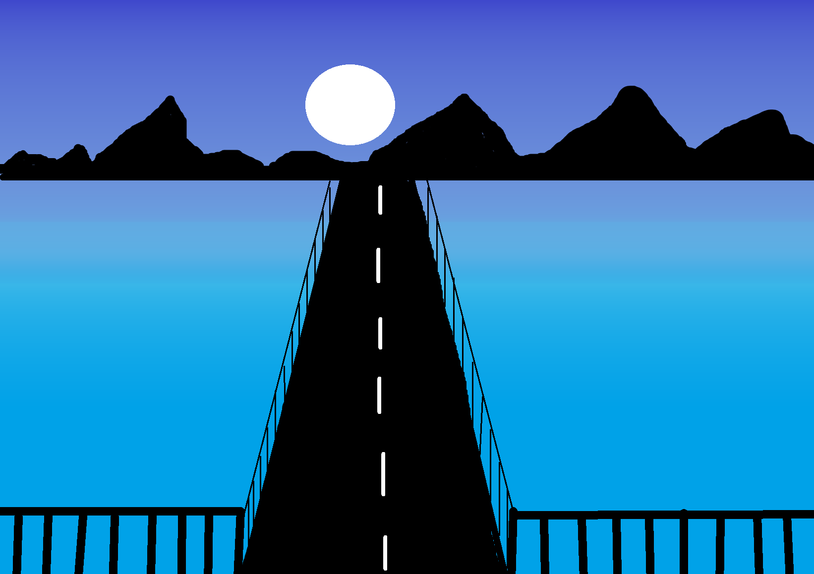 Night scene in Ms paint |Beautiful bridge drawing in computer |Mountain drawing near the bridge